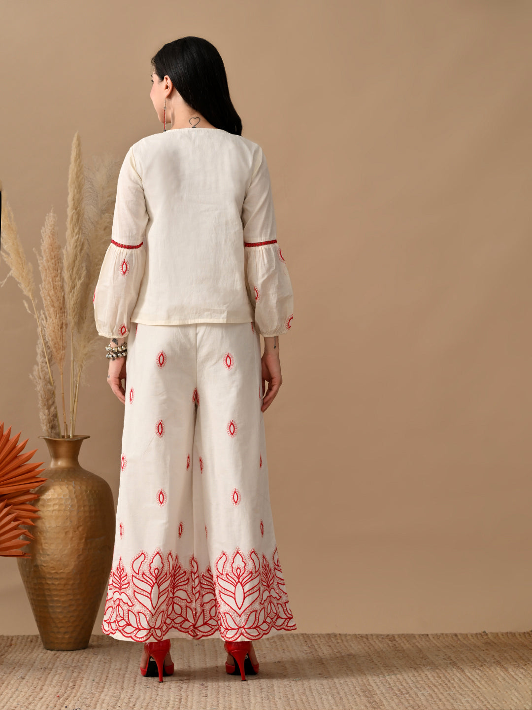 Myshka Women Red Embroidered Ethnic Motif & Laced Shirt Trouser Festive