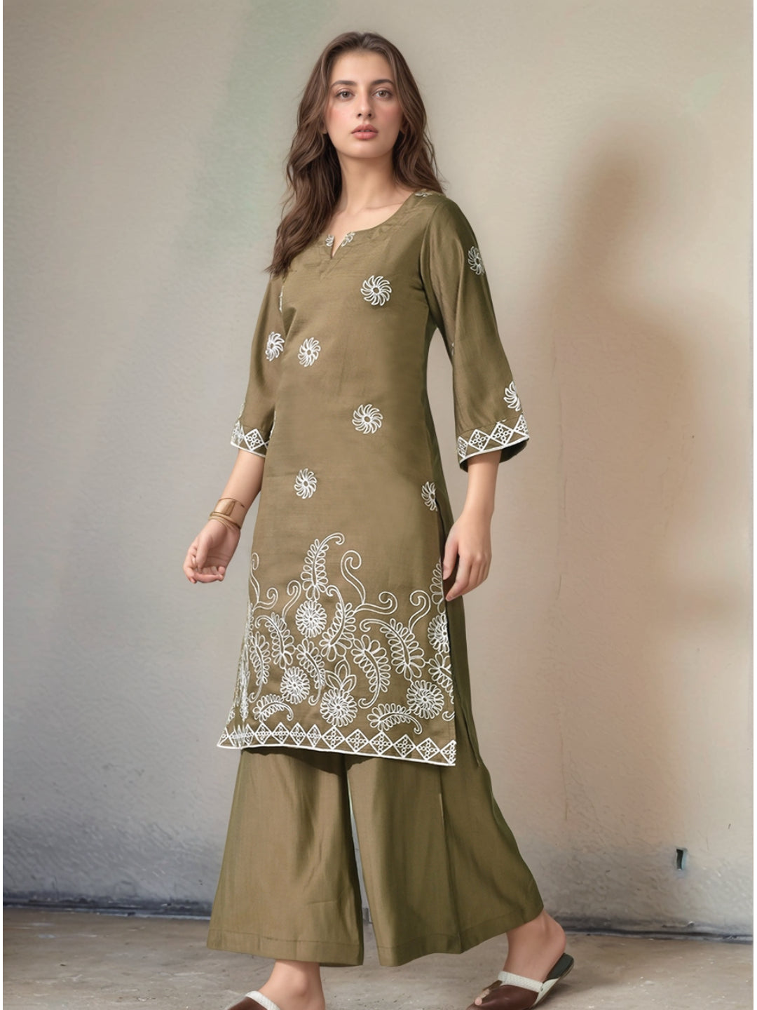 Myshka Women Embroidered Calf Length Olive Kurta With Palazzo