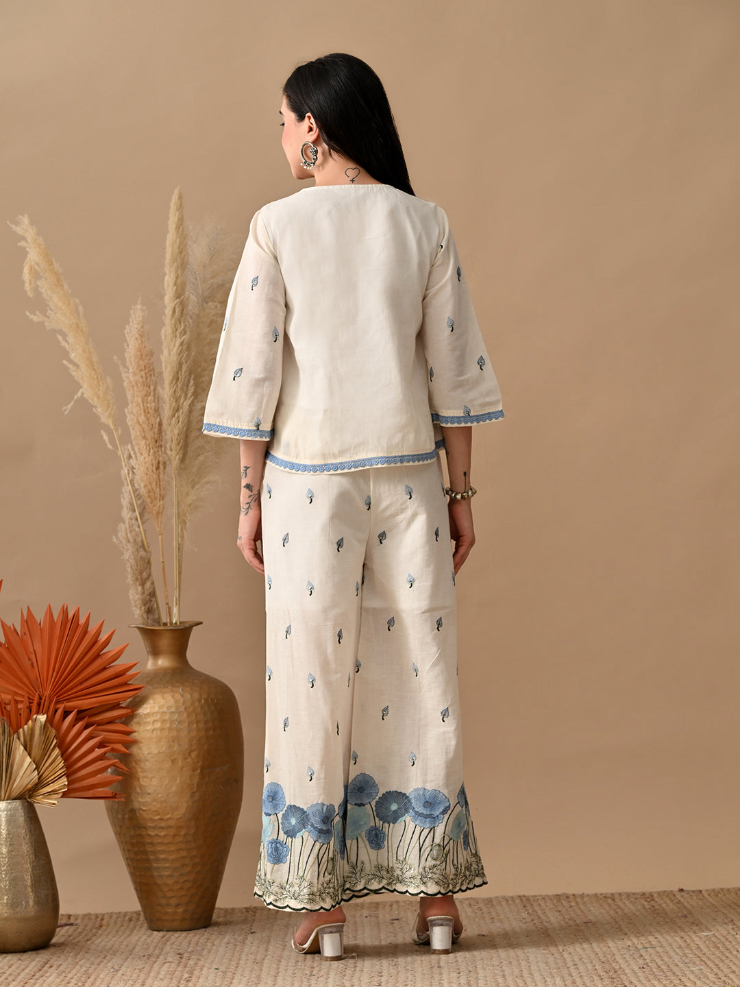 Myshka Women Blue Floral Embroidered & Laced Shirt Trouser Festive