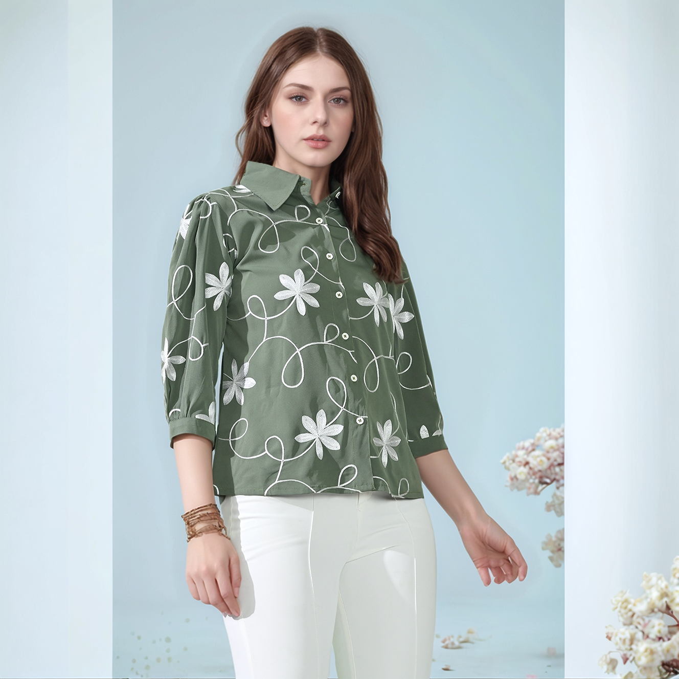 Myshka Women Causal Printed Shirt Style Embroidered Top Olive Color
