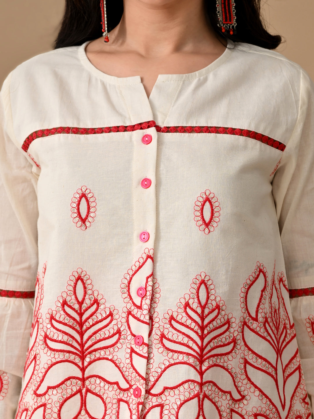 Myshka Women Red Embroidered Ethnic Motif & Laced Shirt Trouser Festive
