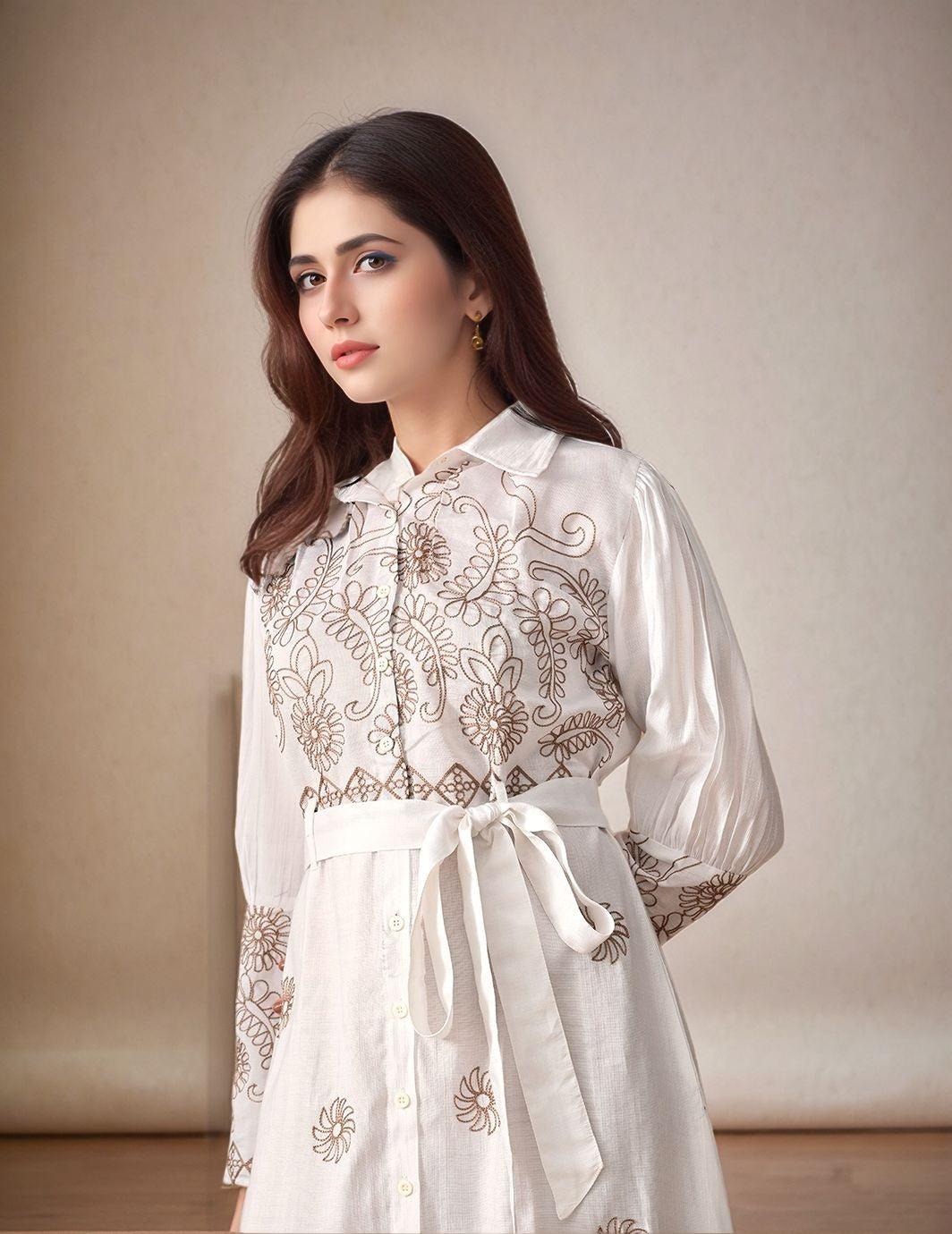 Myshka Women White Embroidered Shirt Dress Trendy Full Sleeves