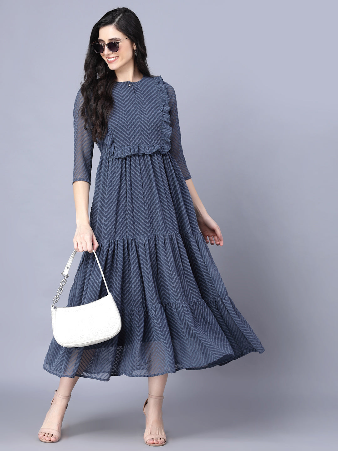 Myshka Myshka Georgette Solid 3/4 Sleeve Round Dark Grey Women Dress