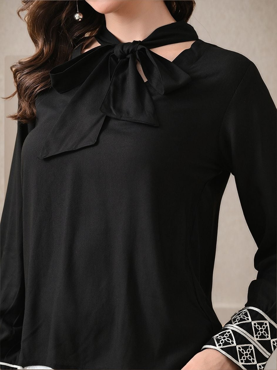 Myshka Women Black Embroidered Cuff Shirt Tie-up Neckline