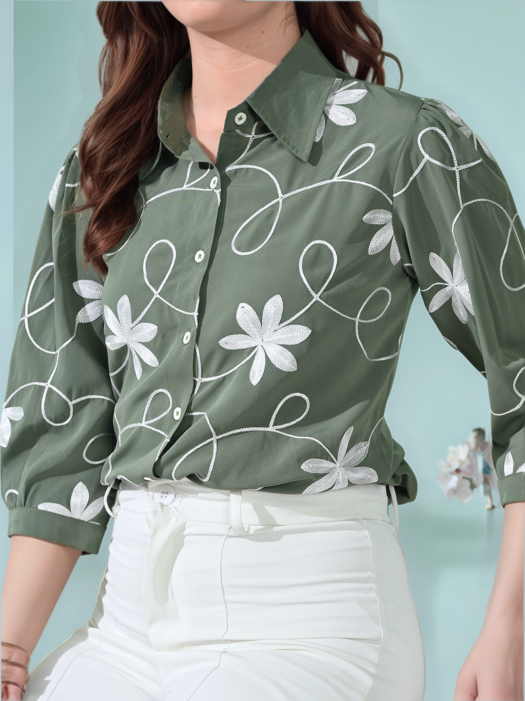 Myshka Women Causal Printed Shirt Style Embroidered Top Olive Color