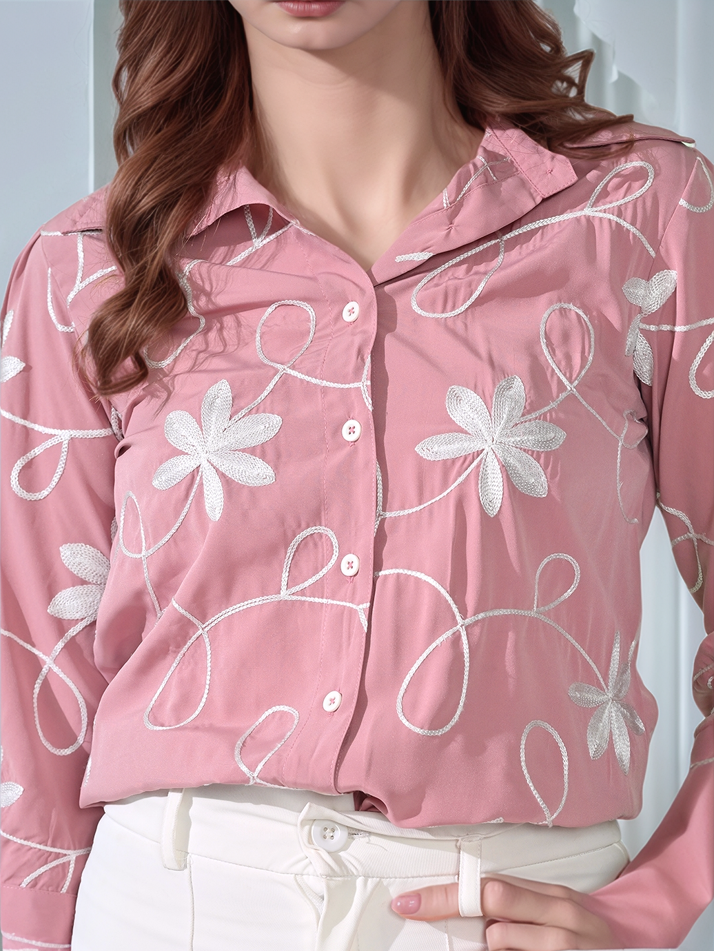 Myshka Women Causal Shirt Style Embroidered Top Pink Color