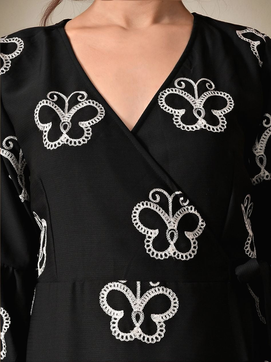Myshka Women Black Embroidered Wrap Dress Trendy Sleeves