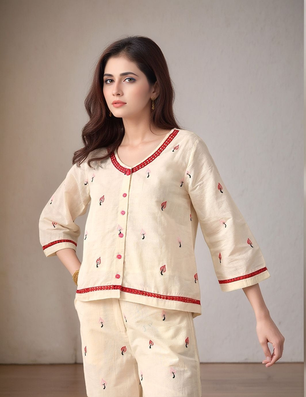 Myshka Women Red Embroidered Laced Shirt Three-Quarter Sleeves