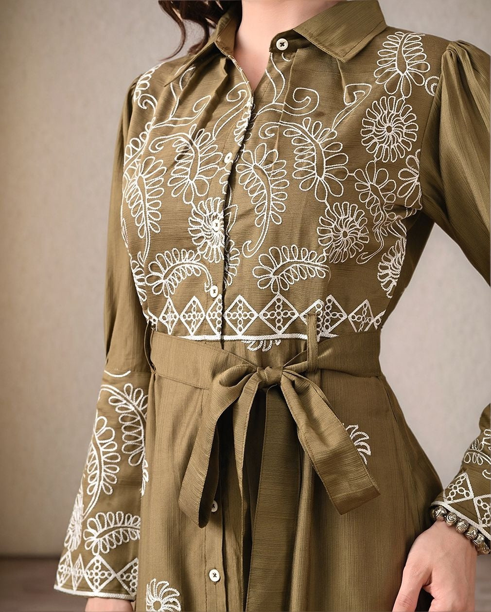 Myshka Women Olive Green Embroidered Shirt Dress Trendy Full Sleeves