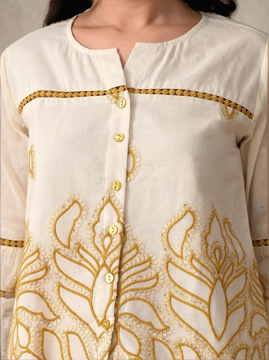 Myshka Women Mustard Yellow Embroidered Ethnic Motif Shirt Puffed Sleeve