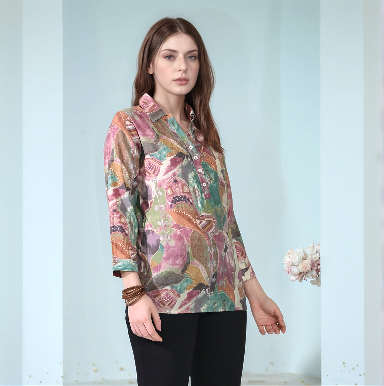 Myshka Women Causal Printed Shirt Style Embroidered Top Multi Color