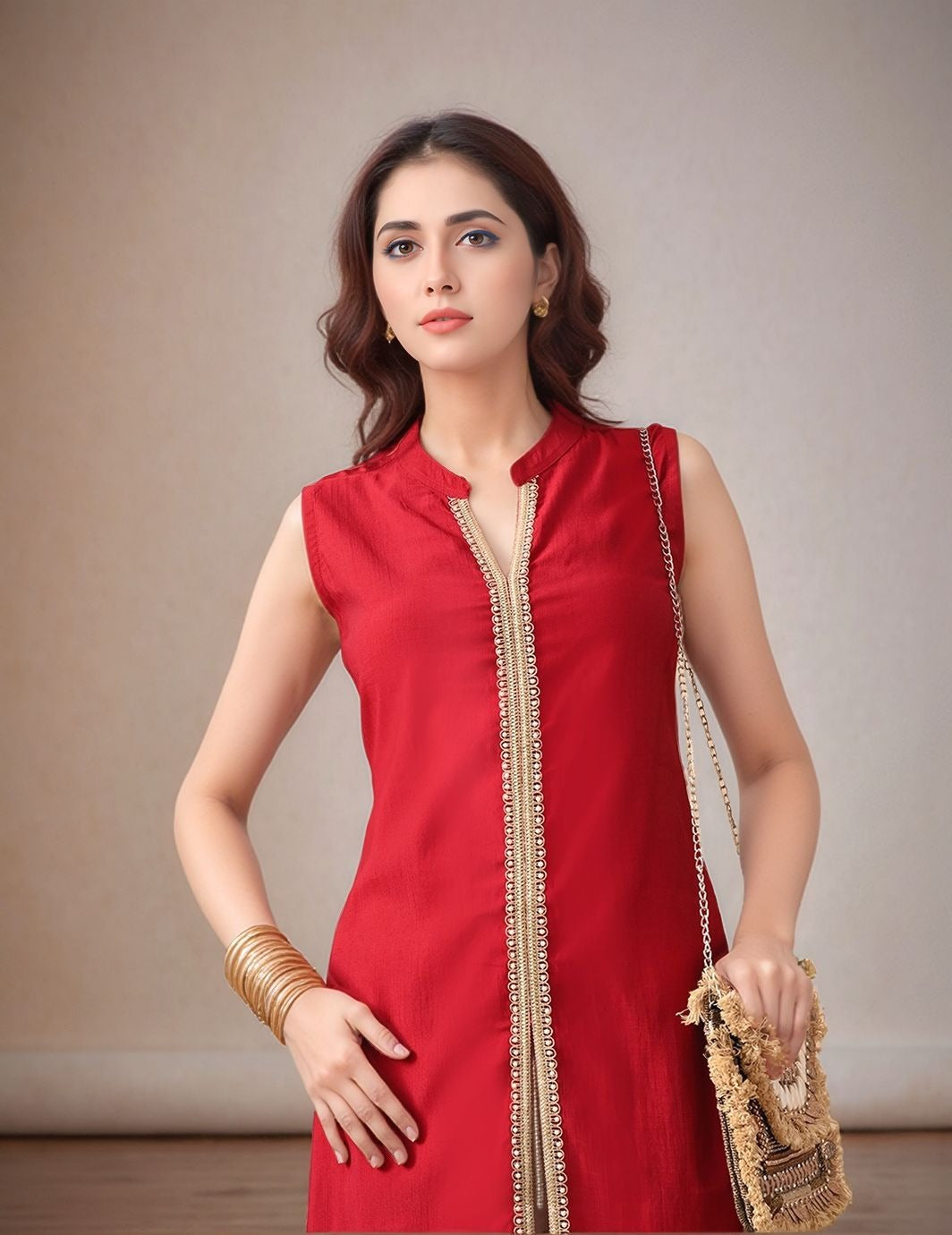 Myshka Women Kurta Set Red Laced Panel Kurta with Palazzo Round Neck A-line
