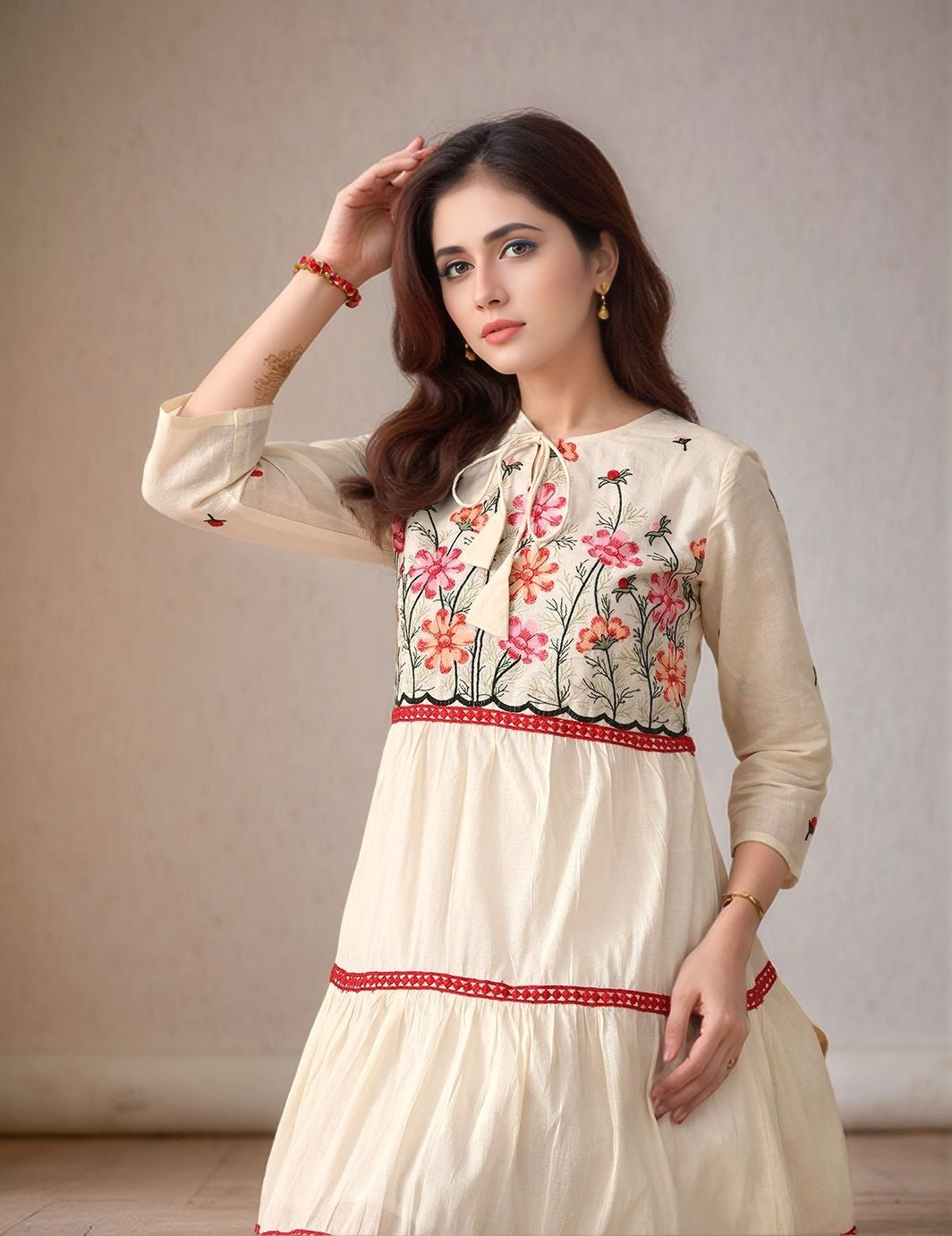 Myshka Women Multi Color Thread Embroidered Laced Tired Dress Regular Sleeves
