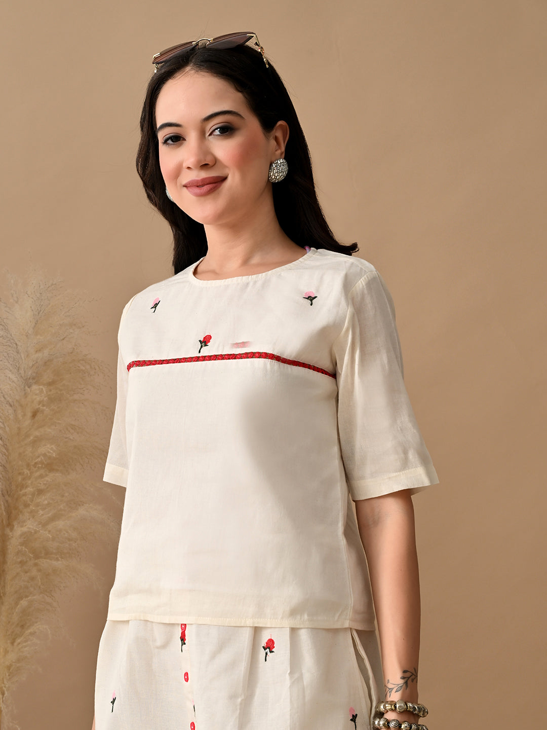 Myshka Women Multi Color Thread Embroidered Self Design Top Pleated Skirt Fusion Wear