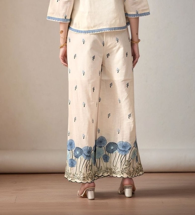 Myshka Women Blue Thread Floral Embroidered Flared Trouser