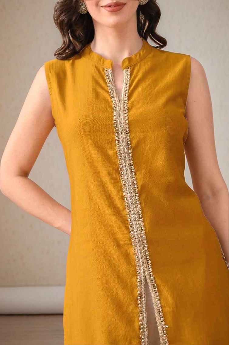 Myshka Women Kurta Set Yellow Laced Panel Kurta with Palazzo Round Neck A-line
