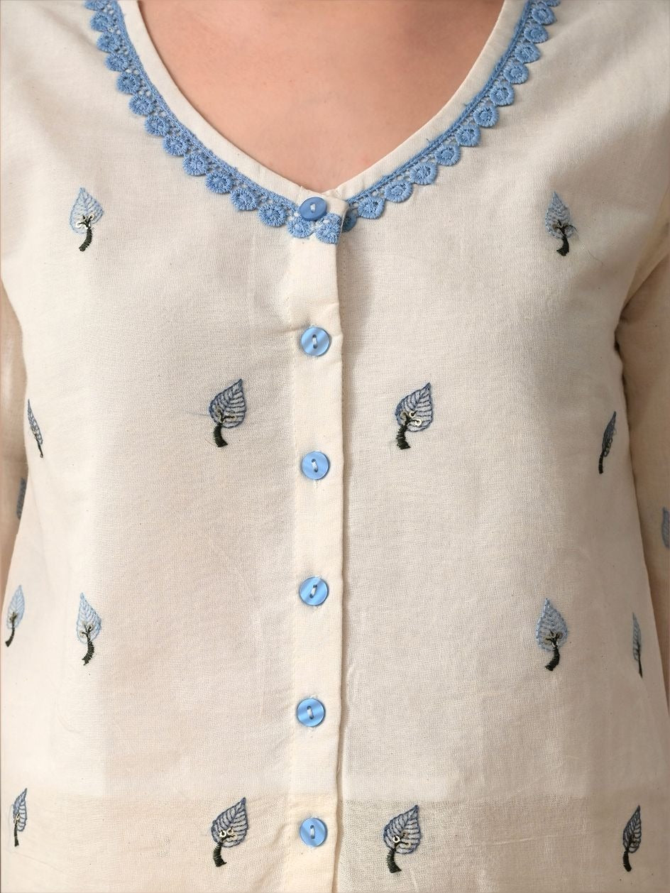 Myshka Women Blue Embroidered Laced Shirt Three-Quarter Sleeves