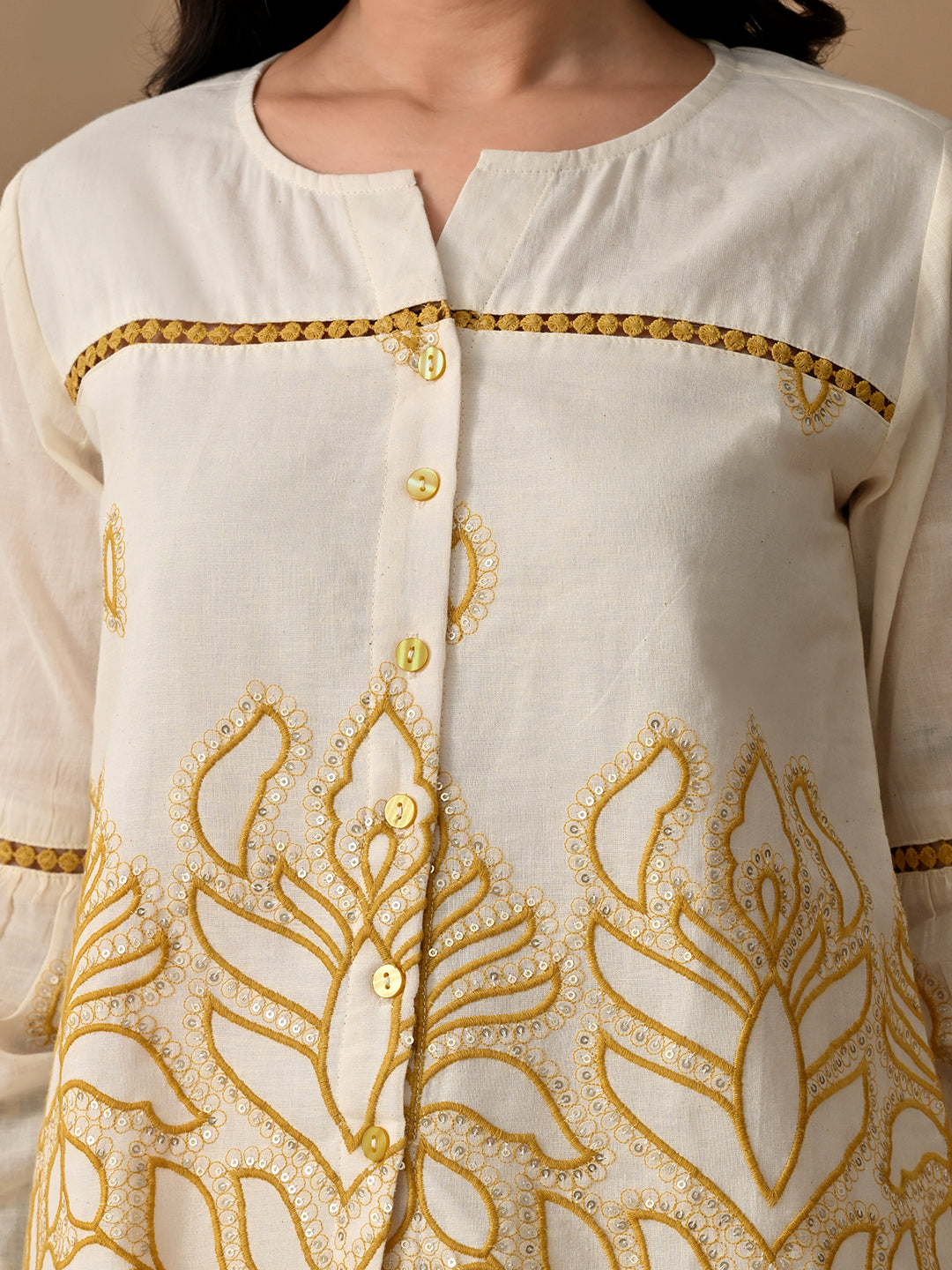 Myshka Women Mustard Yellow Embroidered Ethnic Motif & Laced Shirt Trouser Festive