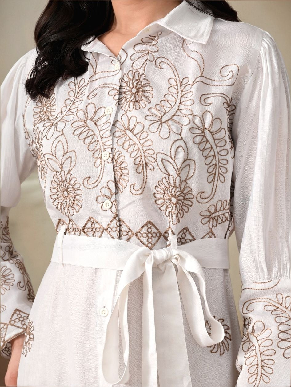 Myshka Women White Embroidered Shirt Dress Trendy Full Sleeves
