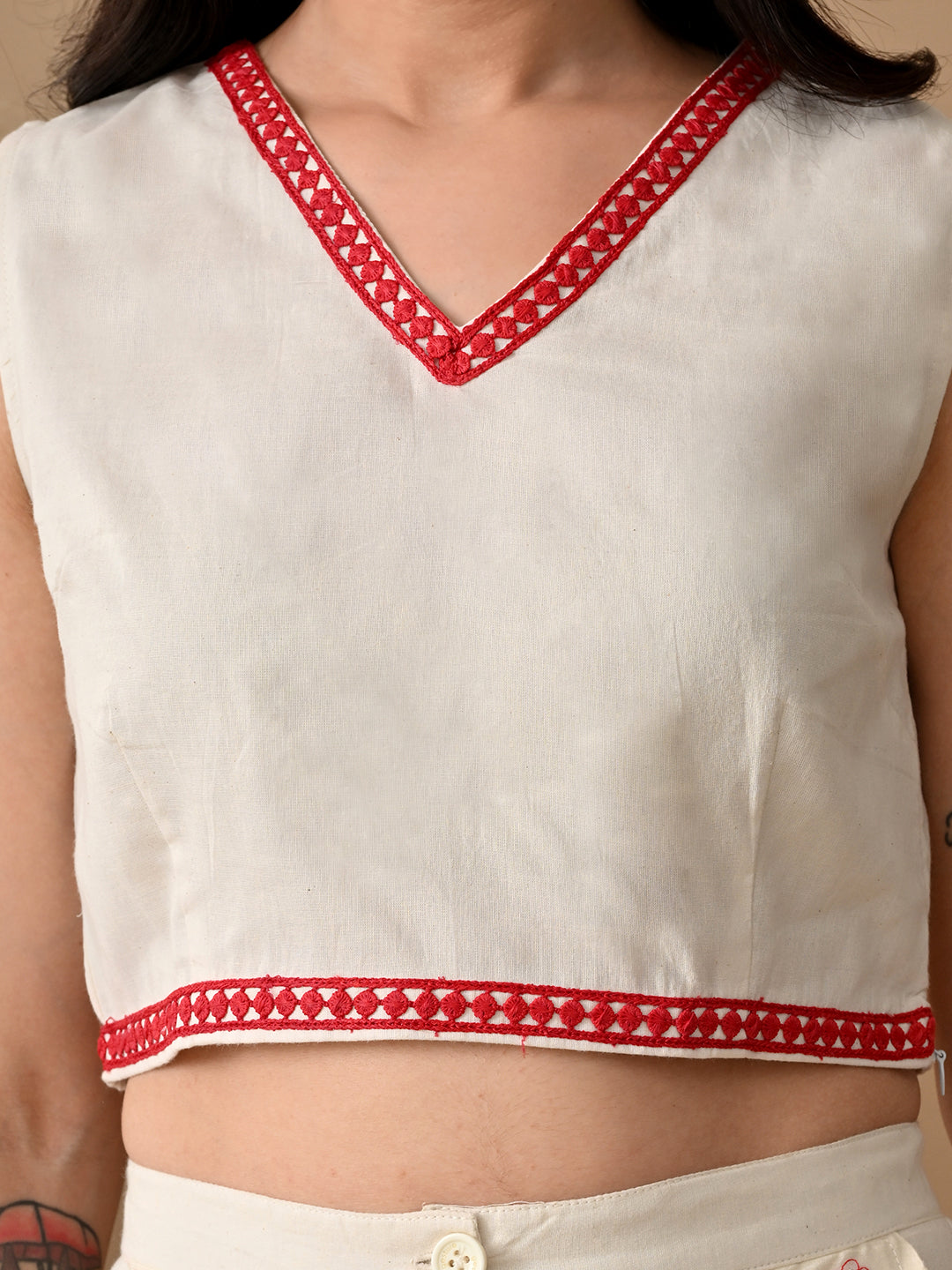 Myshka Women Red Ethnic Motif Embroidered & Laced Sleeveless Top Trouser Festive