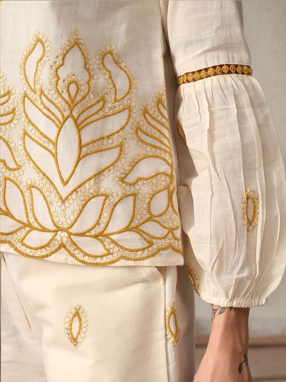 Myshka Women Mustard Yellow Embroidered Ethnic Motif Shirt Puffed Sleeve