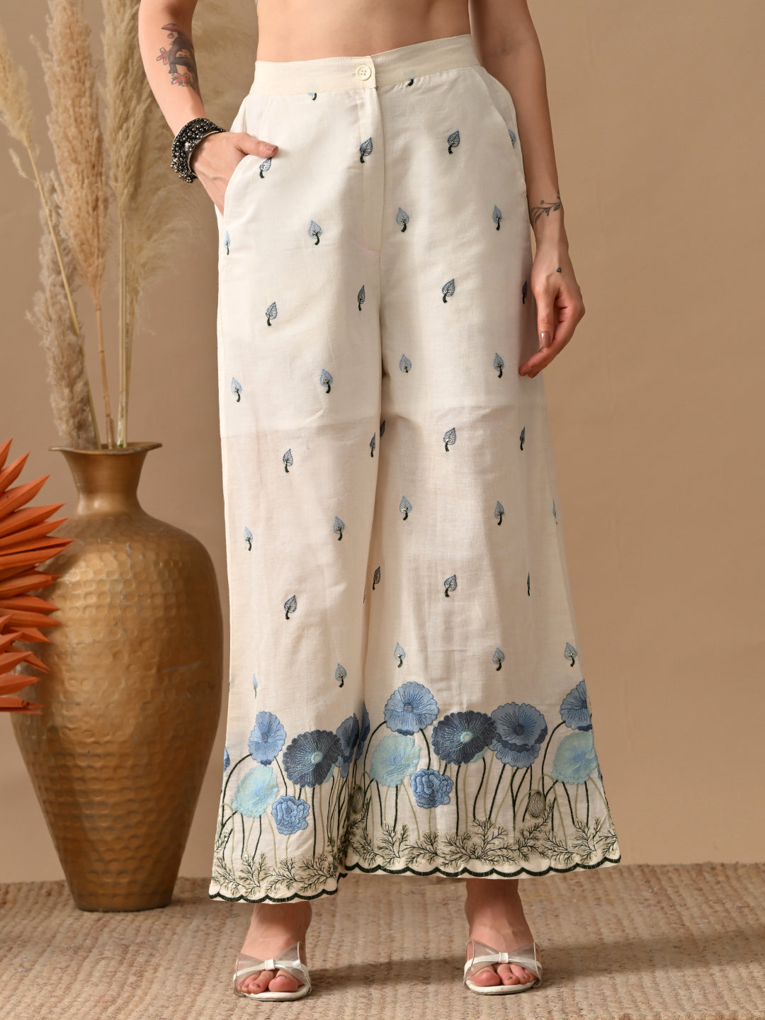 Myshka Women Blue Floral Embroidered & Laced Shirt Trouser Festive