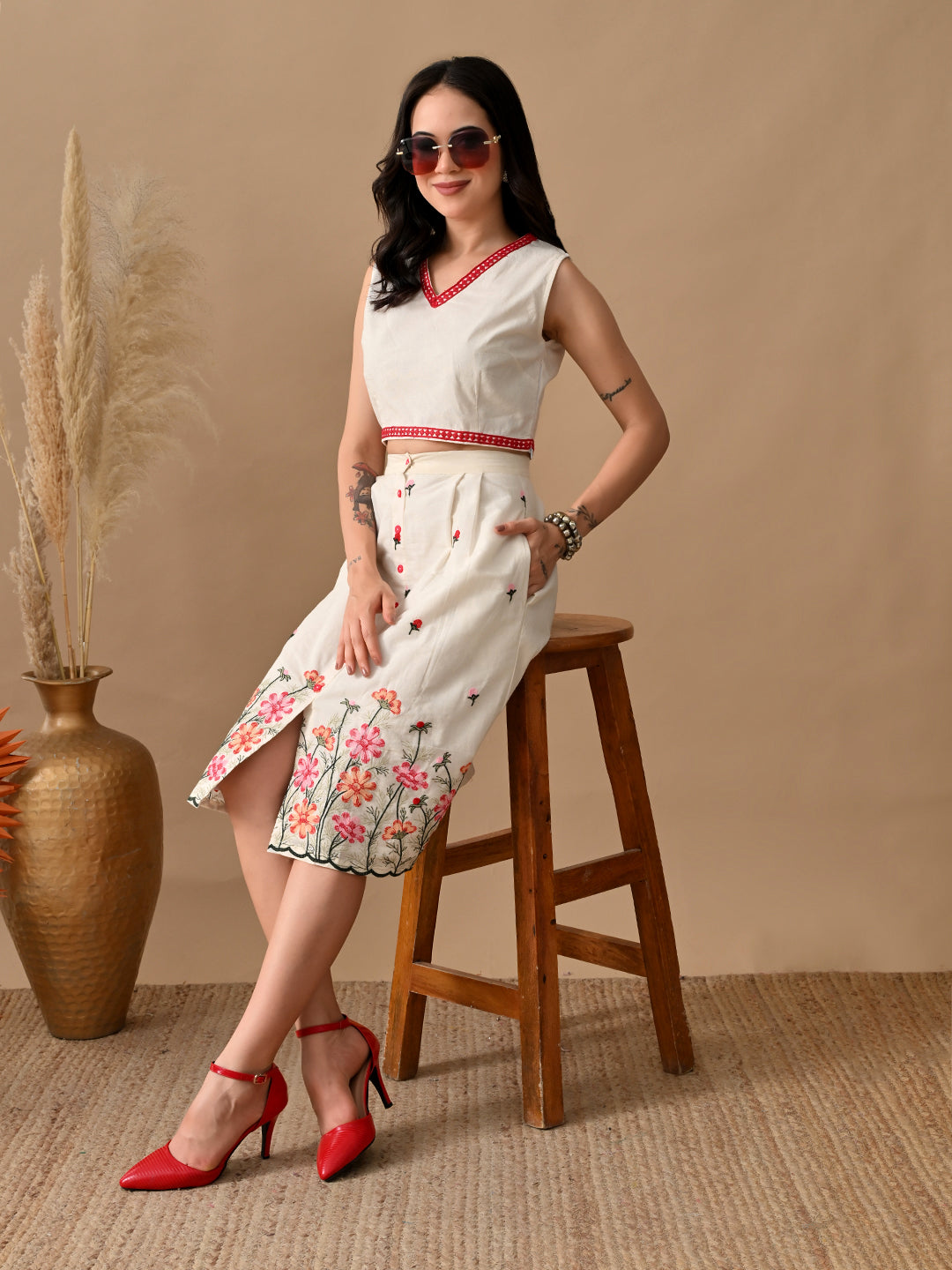 Myshka Women Classy Multi Color Thread Embroidered Pleated A-line Skirt Button closure