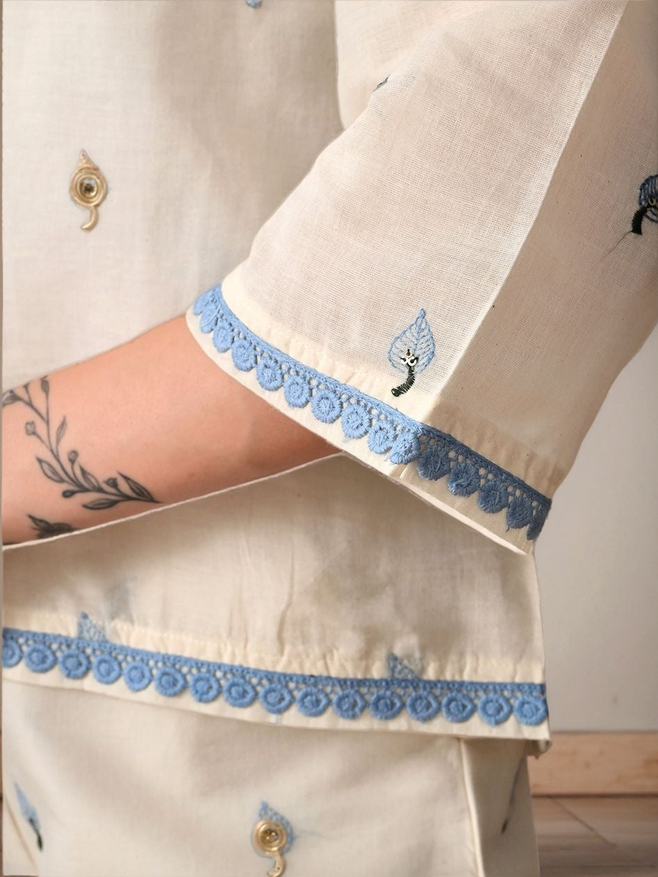 Myshka Women Blue Embroidered Laced Shirt Three-Quarter Sleeves