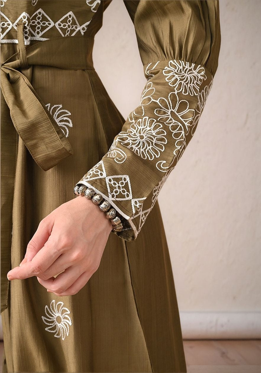 Myshka Women Olive Green Embroidered Shirt Dress Trendy Full Sleeves
