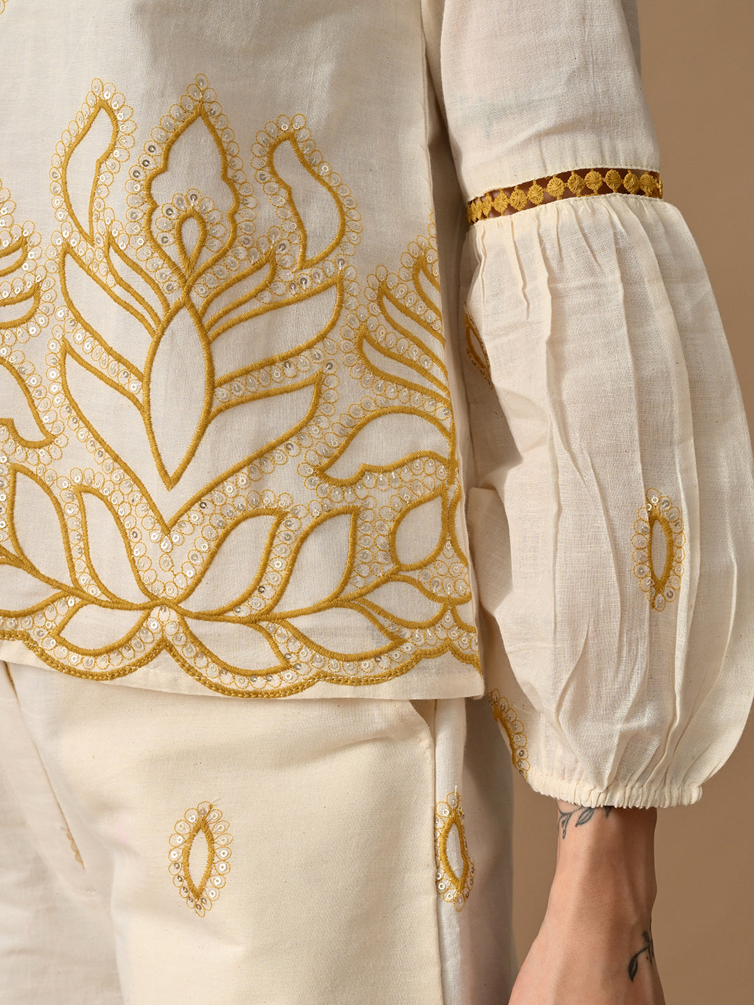 Myshka Women Mustard Yellow Embroidered Ethnic Motif & Laced Shirt Trouser Festive