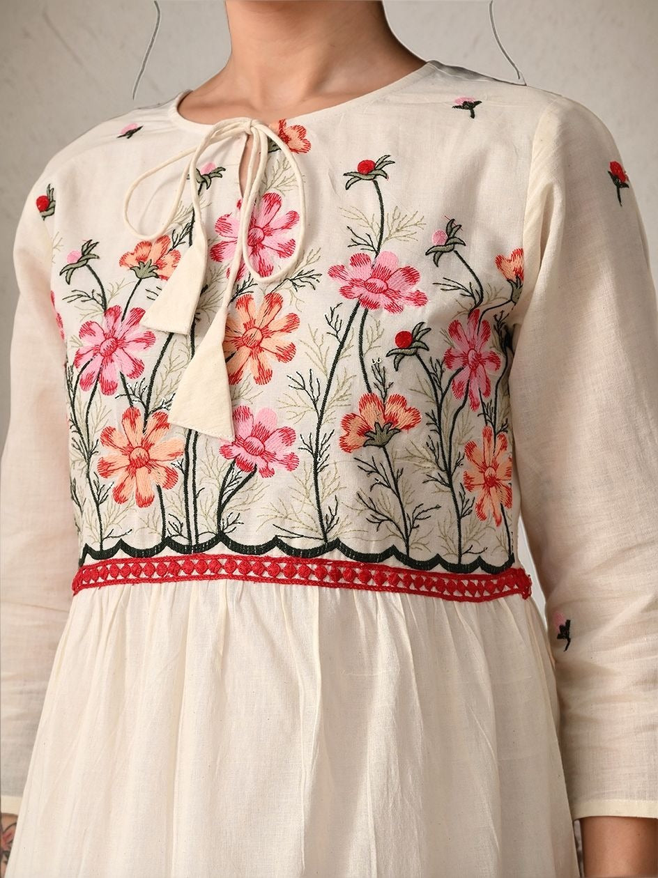 Myshka Women Multi Color Thread Embroidered Laced Tired Dress Regular Sleeves