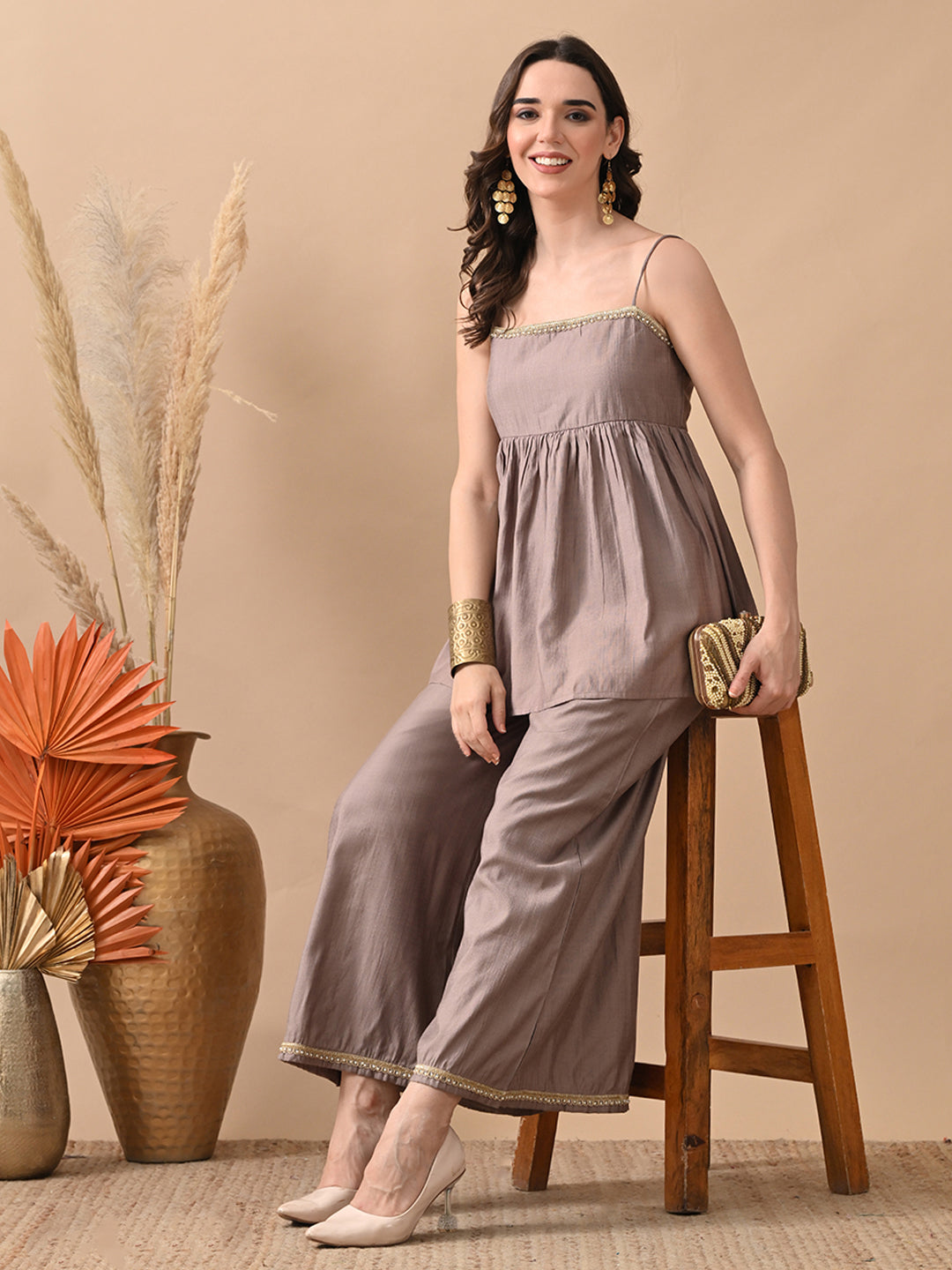 Myshka Women Grey Self Design Peplum Top Trouser Festive