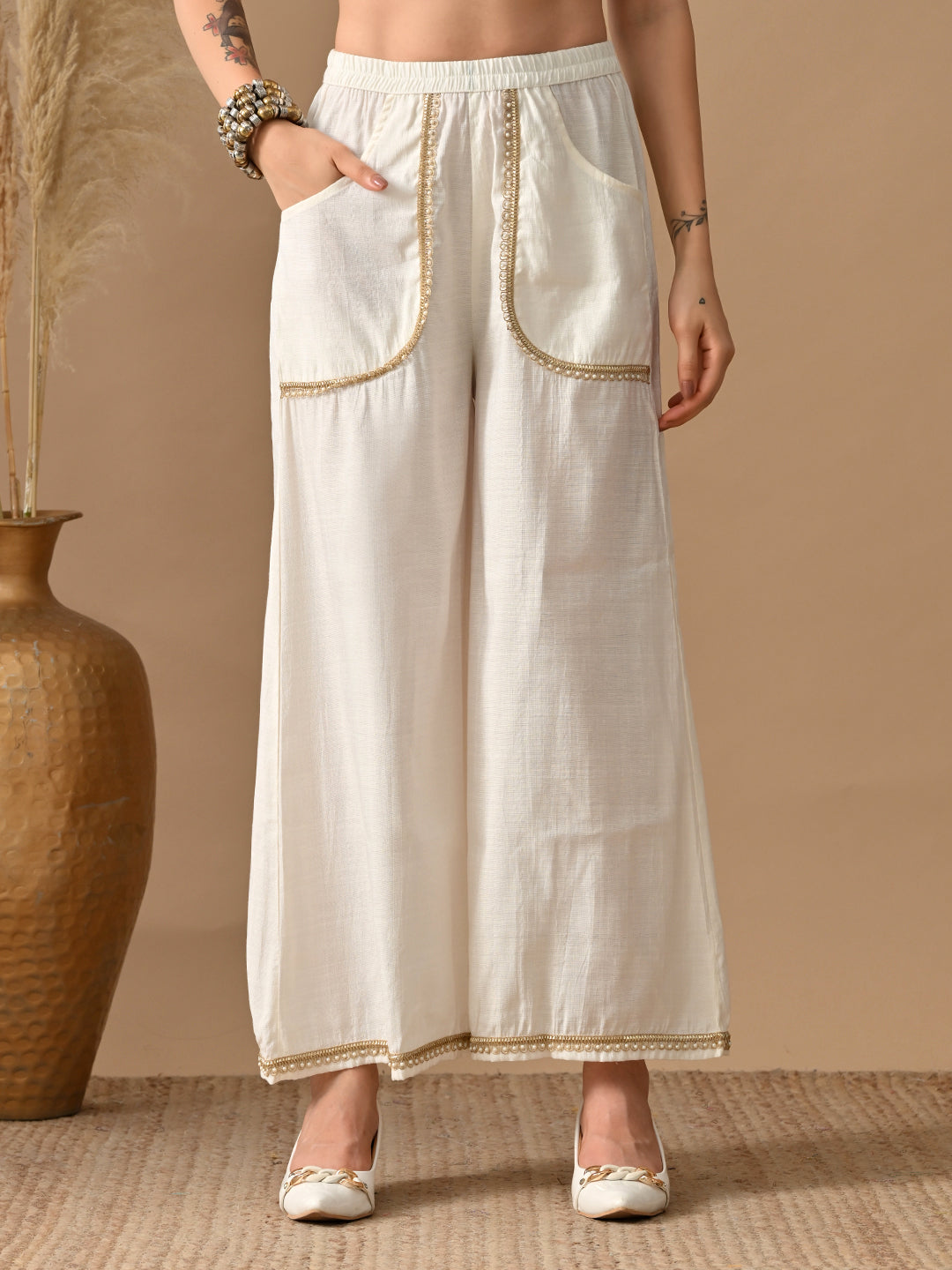 Myshka Women White Self Design Tube Top Trouser Festive