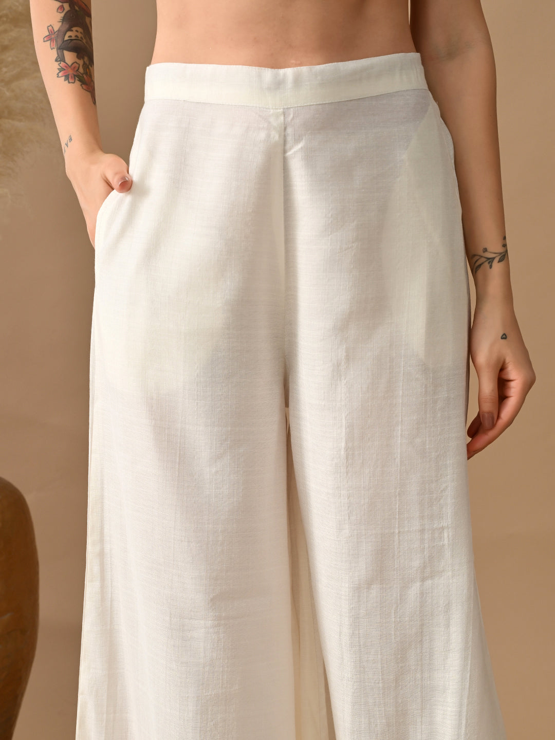 Myshka Women White Self Design Peplum Top Trouser Festive