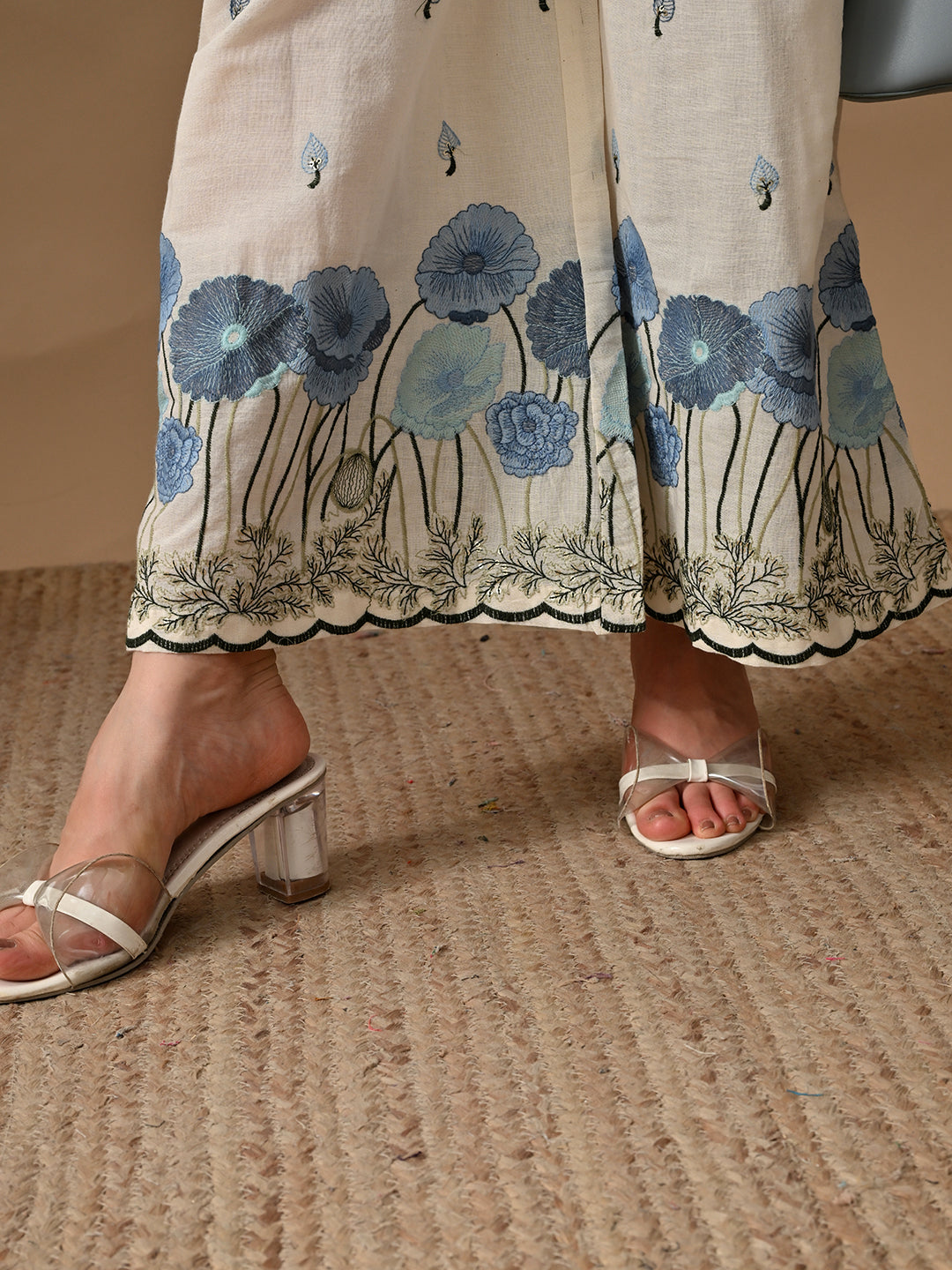 Myshka Women Blue Floral Embroidered & Laced Shirt Trouser Festive