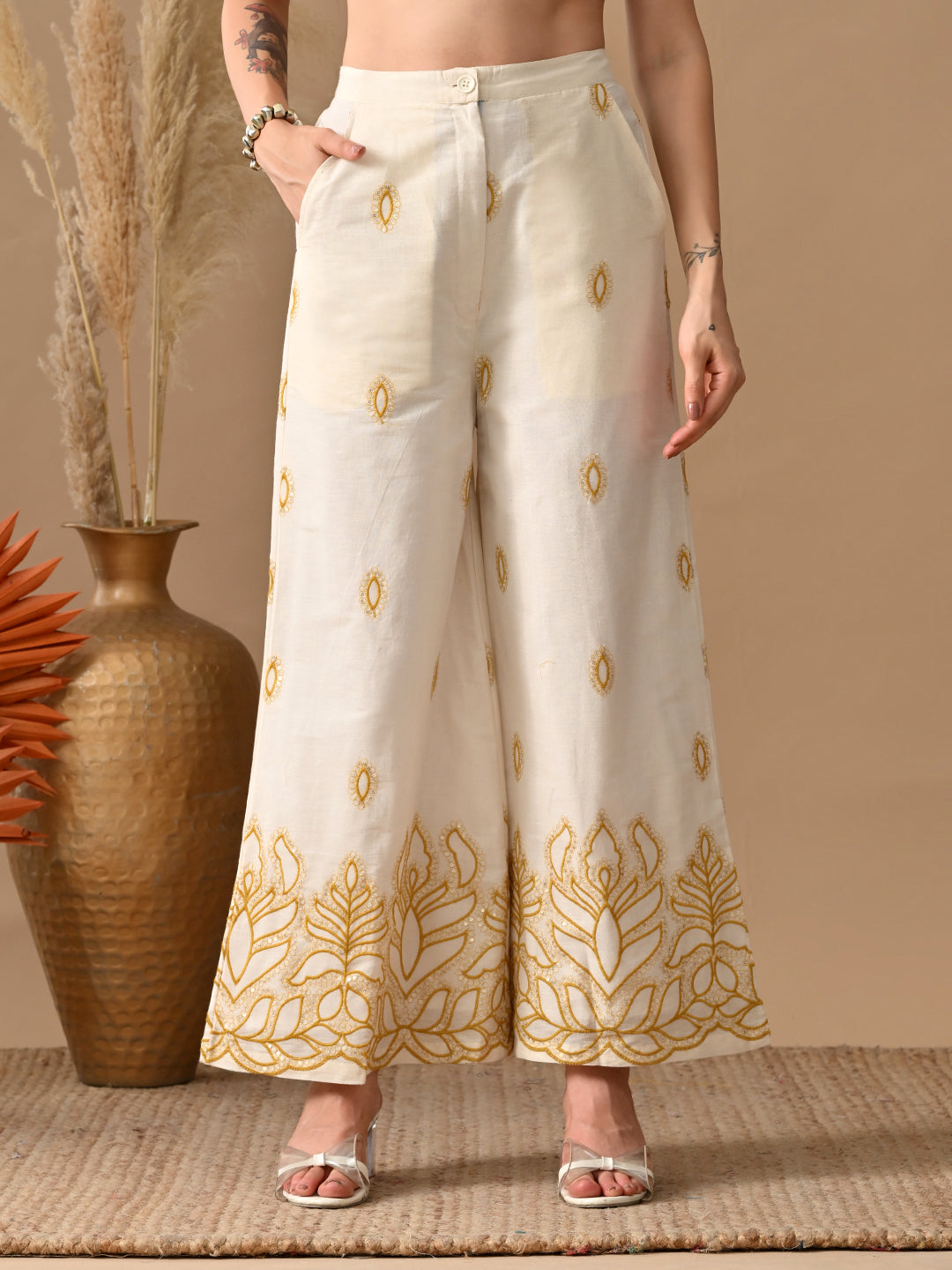 Myshka Women Mustard Yellow Embroidered Ethnic Motif & Laced Shirt Trouser Festive