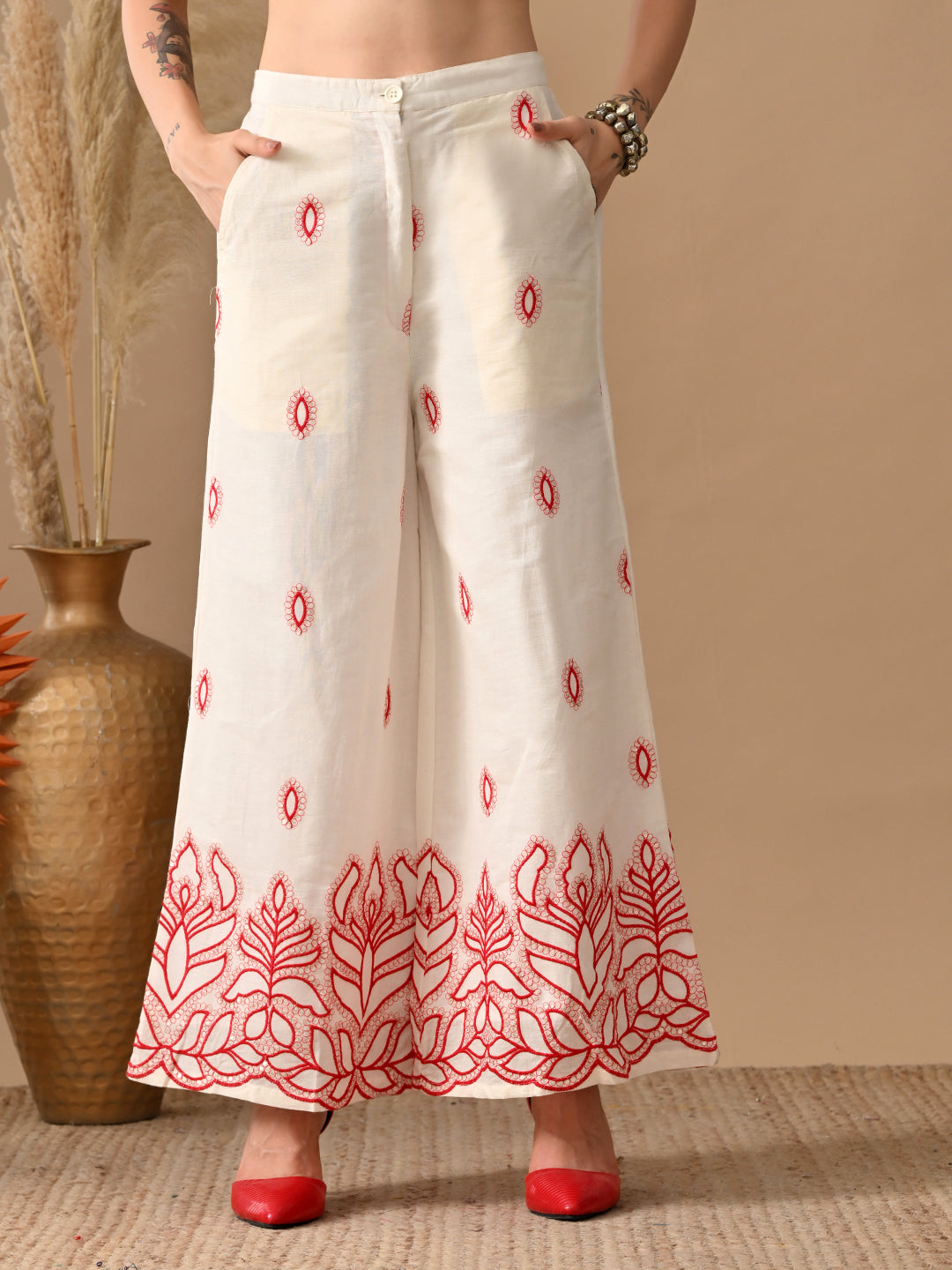 Myshka Women Red Embroidered Ethnic Motif & Laced Shirt Trouser Festive