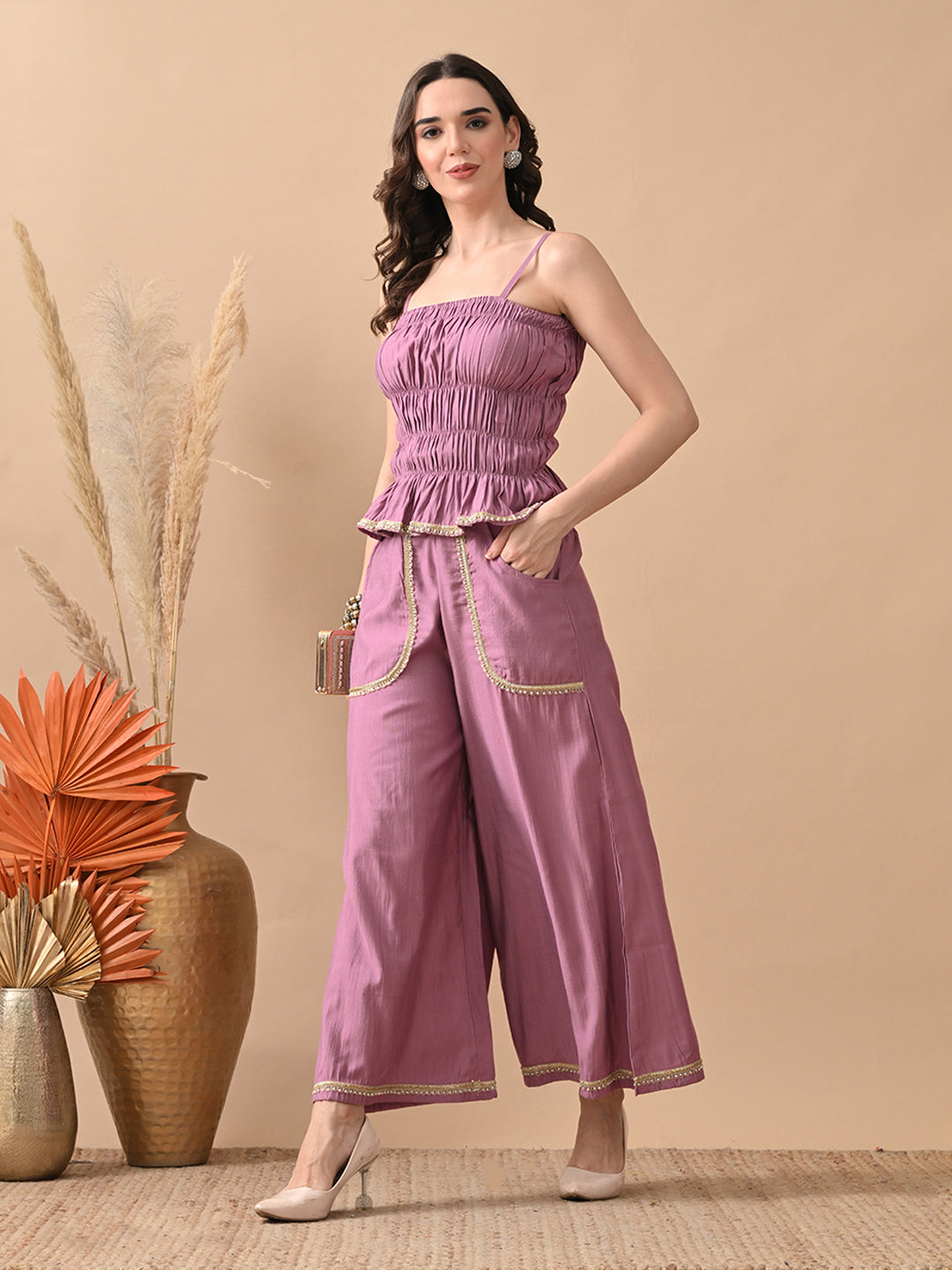 Myshka Women Lavender Self Design Tube Top Trouser Festive