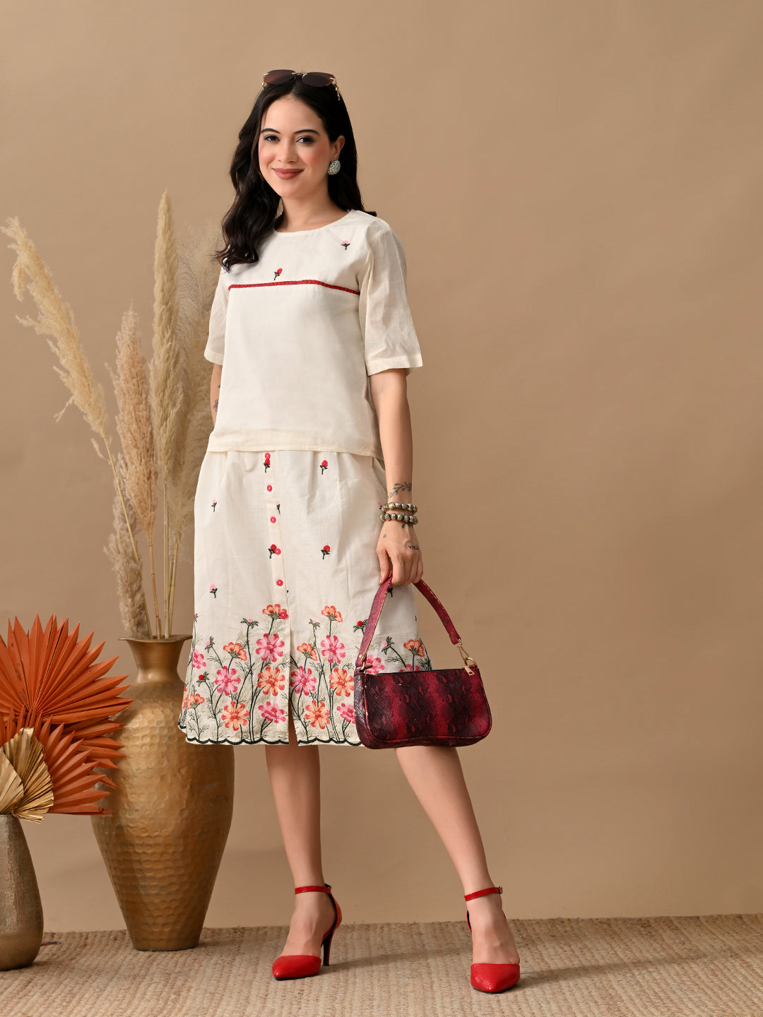 Myshka Women Multi Color Thread Embroidered Self Design Top Pleated Skirt Fusion Wear