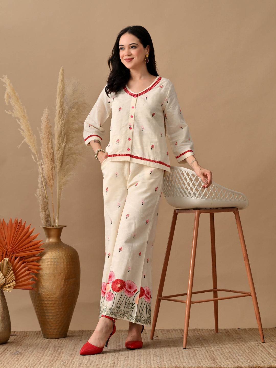 Myshka Women Multi Color Thread Floral Embroidered & Laced Shirt Trouser Festive