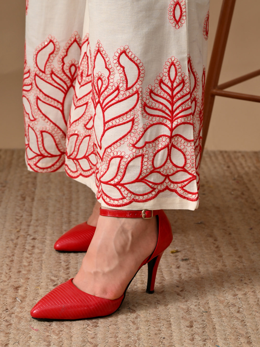 Myshka Women Red Embroidered Ethnic Motif & Laced Shirt Trouser Festive