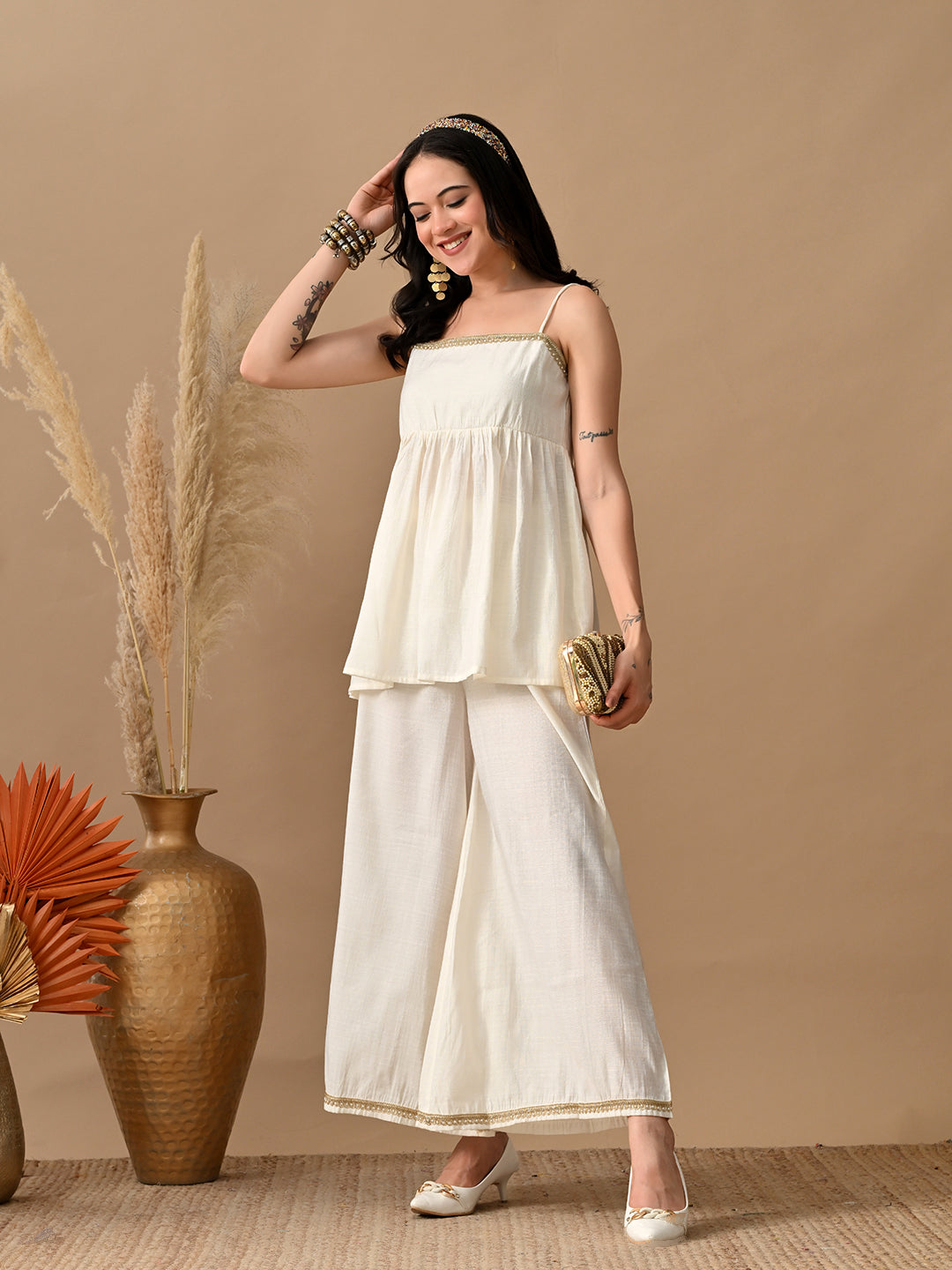 Myshka Women White Self Design Peplum Top Trouser Festive