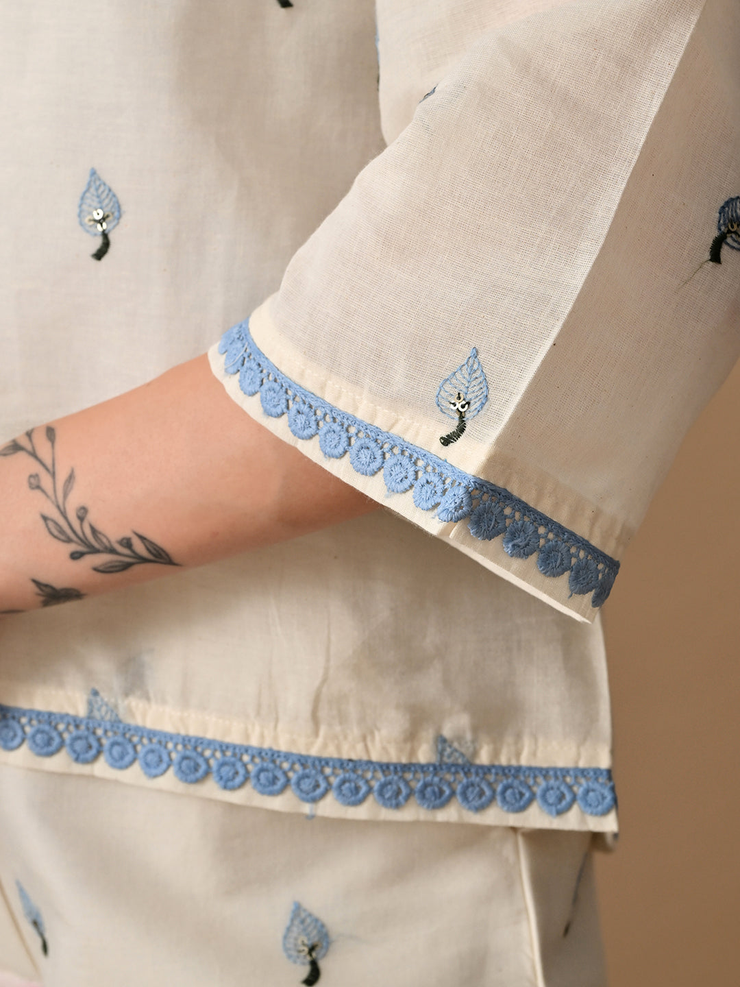 Myshka Women Blue Floral Embroidered & Laced Shirt Trouser Festive