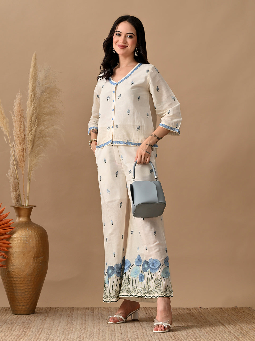 Myshka Women Blue Floral Embroidered & Laced Shirt Trouser Festive