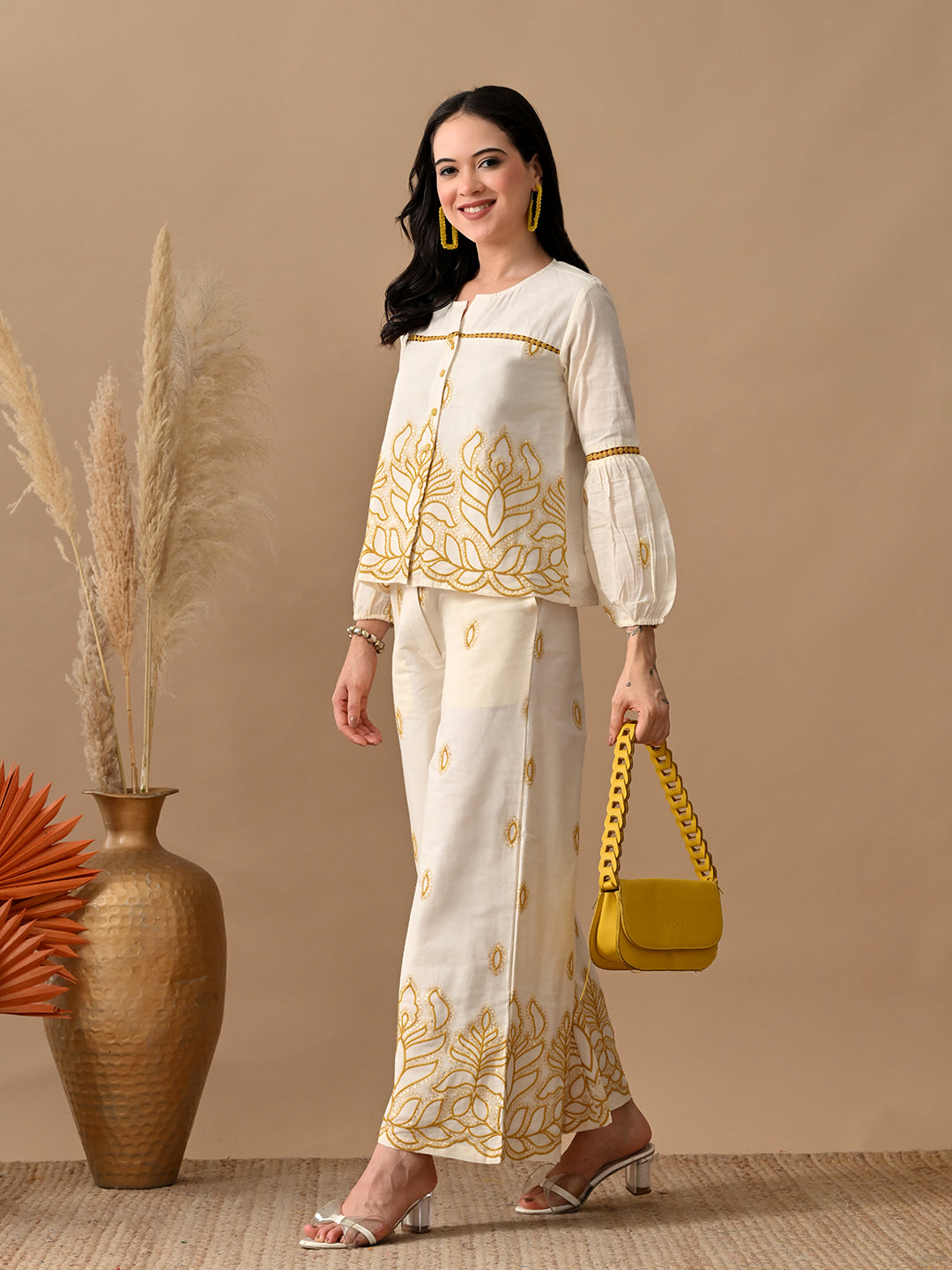 Myshka Women Mustard Yellow Embroidered Ethnic Motif & Laced Shirt Trouser Festive
