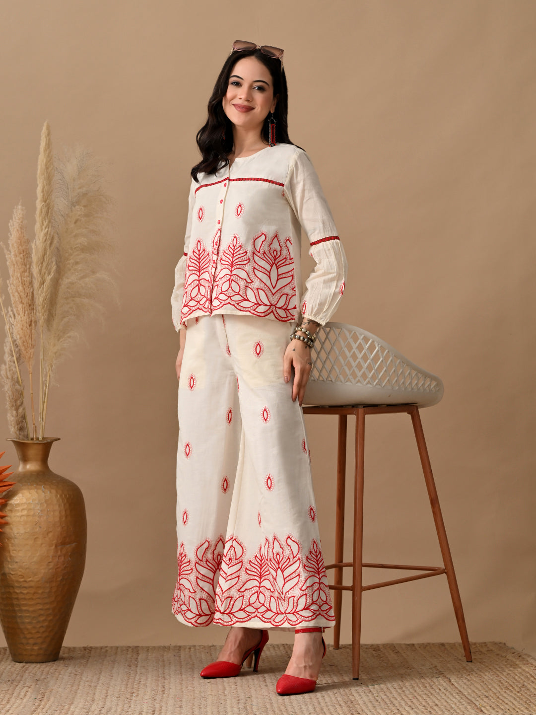 Myshka Women Red Embroidered Ethnic Motif & Laced Shirt Trouser Festive