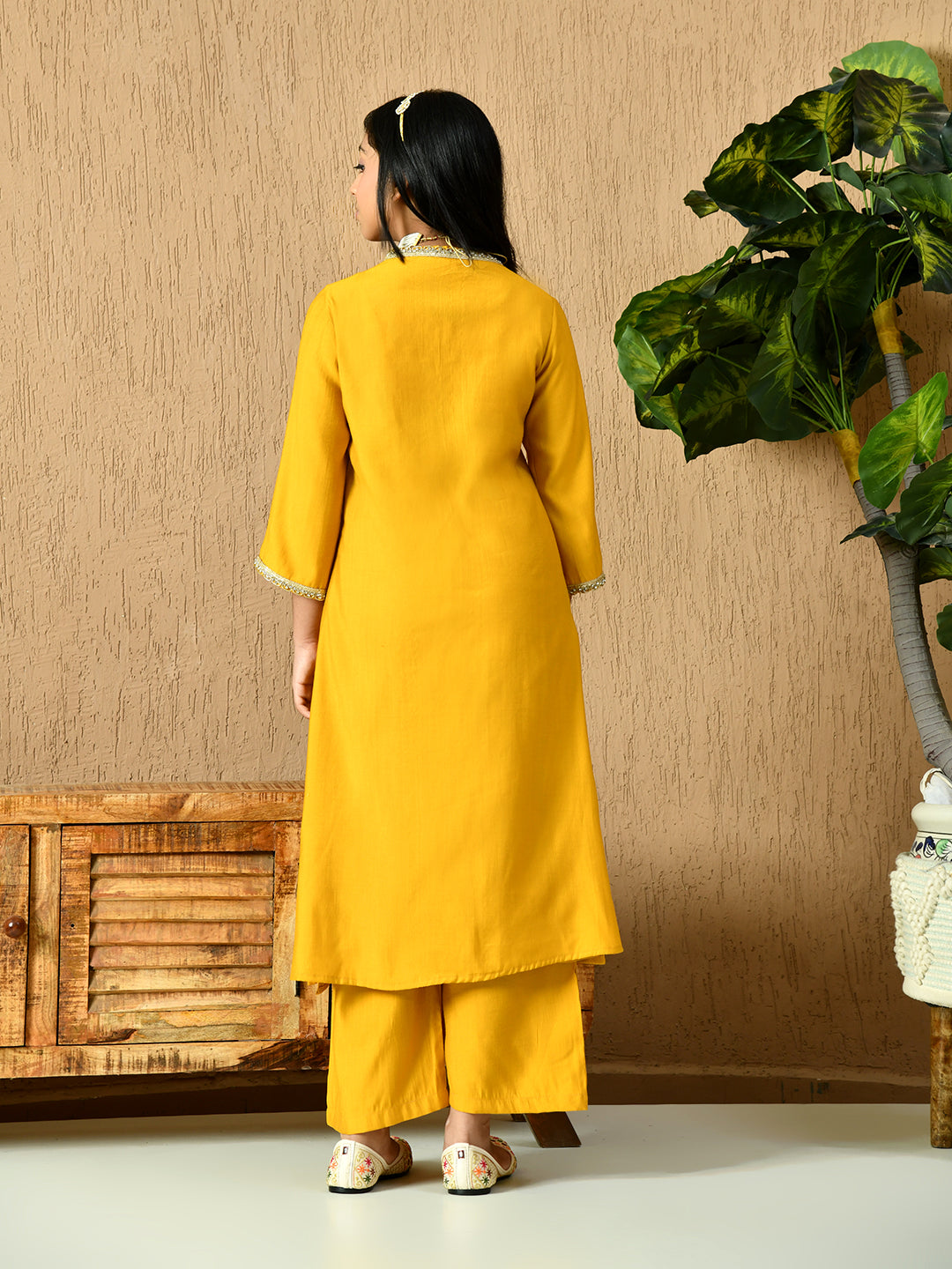 Myshka Kids Girls Calf length Embellished Kurta Set Mustard Color