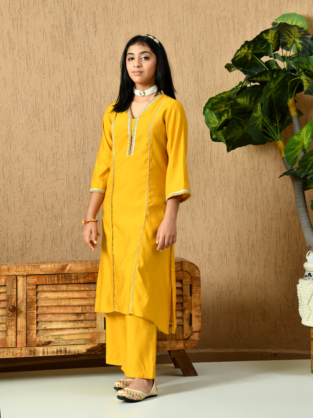 Myshka Kids Girls Calf length Embellished Kurta Set Mustard Color