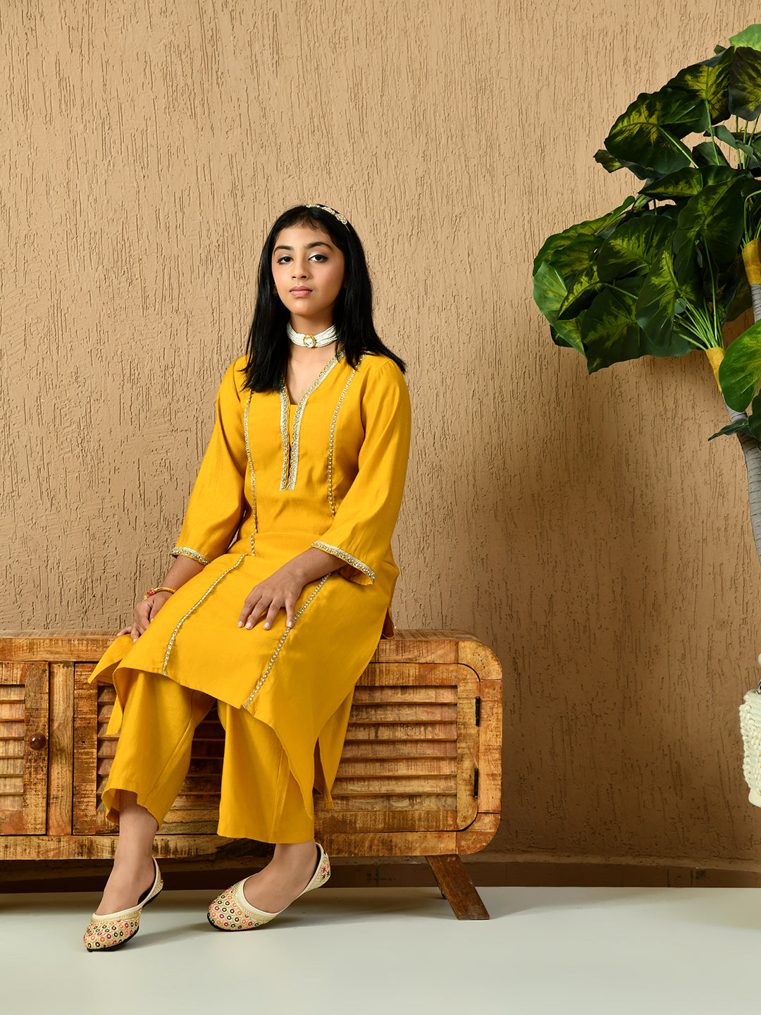 Myshka Kids Girls Calf length Embellished Kurta Set Mustard Color
