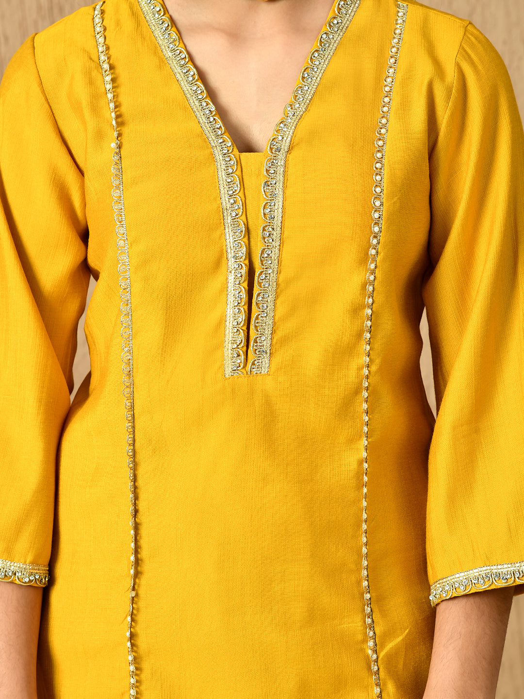 Myshka Kids Girls Calf length Embellished Kurta Set Mustard Color